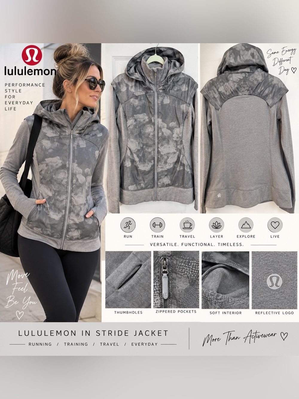 Lululemon In Stride Jacket Gray Floral Hooded Full Zip Thumbholes Women’s